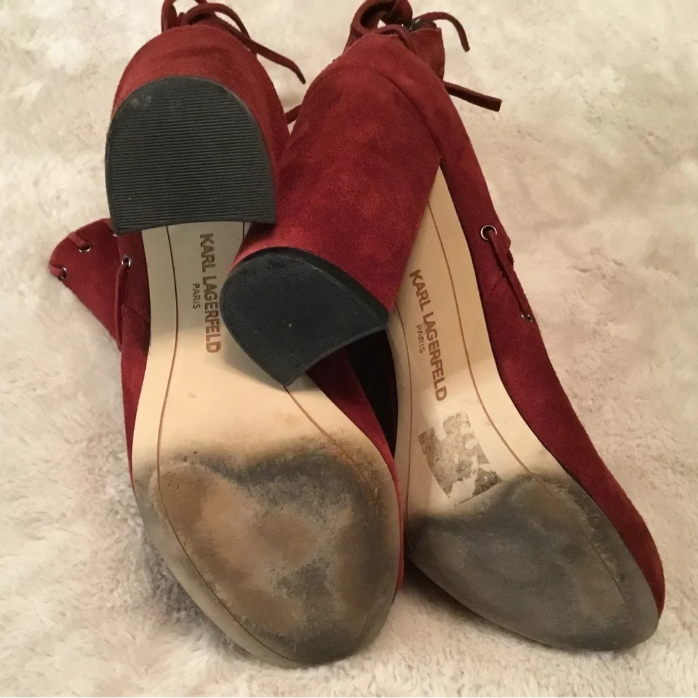 Karl Lagerfeld Sylvia Burgundy Red Chunky Heel Suede Ankle Boots Tassels - 6